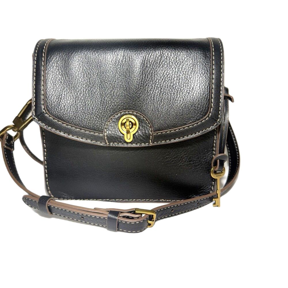 Fossil Ainsley Flap Crossbody Bag Black Leather Purse Gold Hardware Key Charm